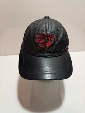 Vtg Black Embroidery LEATHER   Baseball Hat Genuine Leath| Adjustable Strapback
